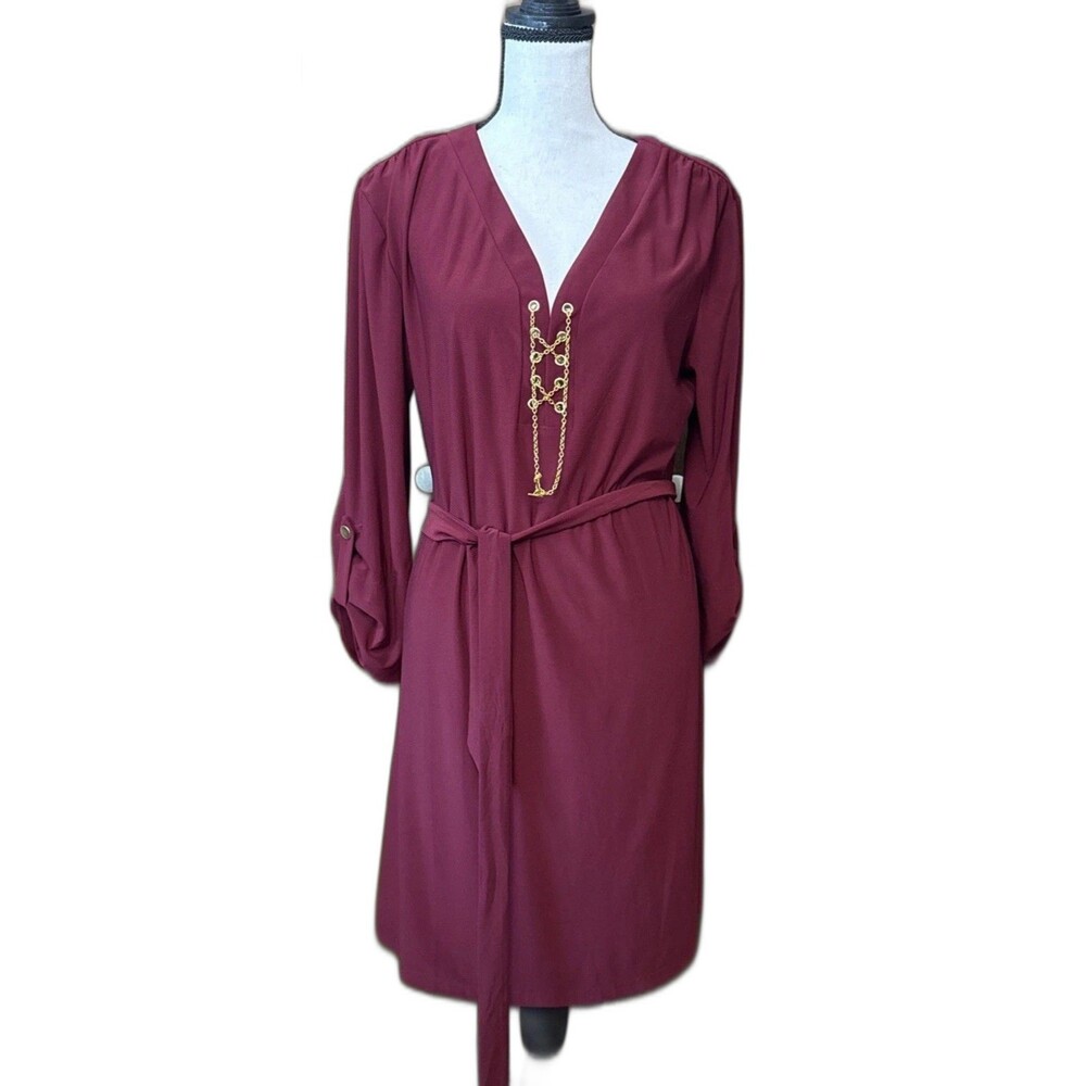 Emma & Michele Maroon Casual Dress Size L Gold Accents Roll-tab Sleeves Knee L